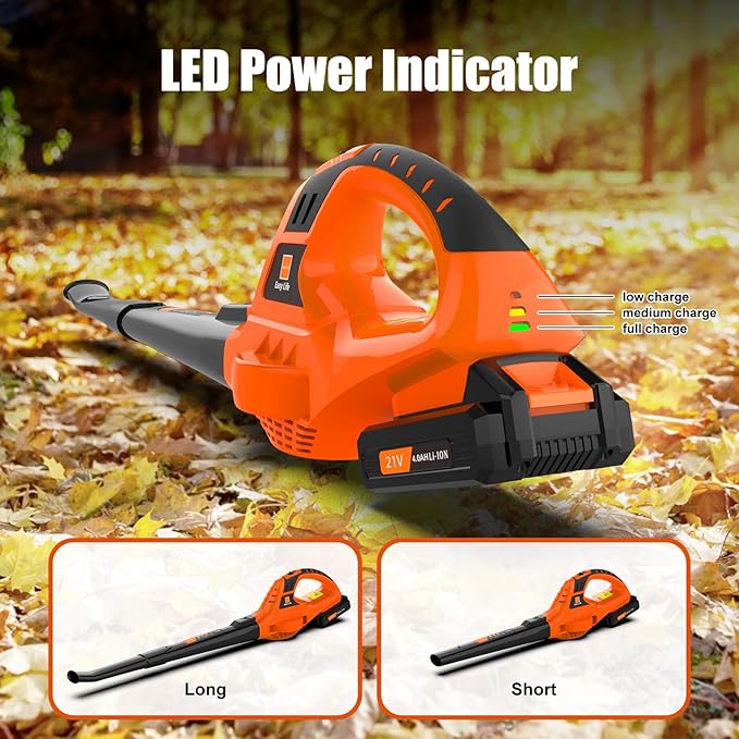 Leaf Blower Cordless,21V Handheld Electric Leaf Blower with 4.0Ah Battery and Charger, 2 Speed Mode, Lightweight Battery Powered Leaf Blower for Lawn Care, Patio, Yard, Sidewalk (Orange)