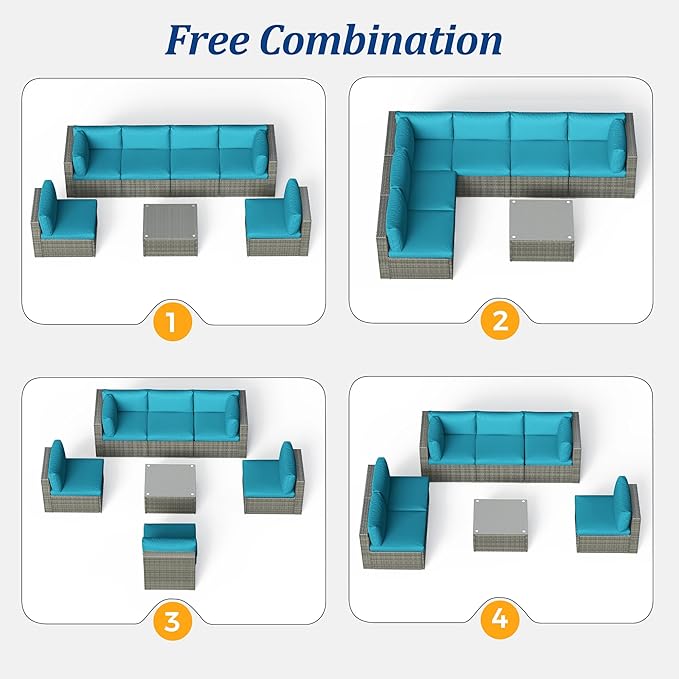 SUNVIVI OUTDOOR 7 Piece Patio Furniture Sets All Weather Grey PE Wicker Couch Sofa with Glass Table, Removable Blue Cushions