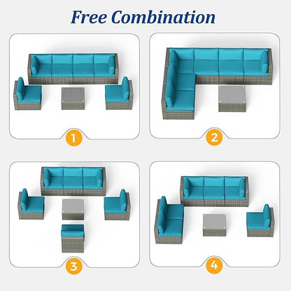 SUNVIVI OUTDOOR 7 Piece Patio Furniture Sets All Weather Grey PE Wicker Couch Sofa with Glass Table, Removable Blue Cushions