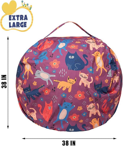 Stuffed Animal Storage Bean Bag Chair Cover, Hold Kids Plush Toys Blankets Towels Beanbag (Cover Only), Canvas Floor Circle Stuff Sit Seat Sofa with YKK Zipper, Extra Large 38", Cat