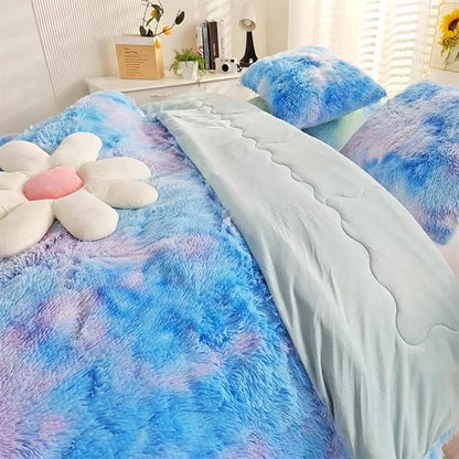 Faux Fur Kids Girls Blue Rainbow Comforter Sets King - 3PC Bed Set Warm Comfortable Soft Plush Flannel Velvet Fluffy Fuzzy Bedding（Comforter x 1 Pillowcases x 2）