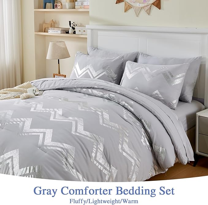 Wowelife Gray Comforter King Size 7 Pieces Silver Glitter Kids Bedding Set Bed in a Bag for Girls with Comforter, Flat Sheet, Fitted Sheet and 2 Pillowcases
