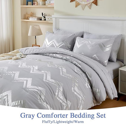 Wowelife Gray Comforter King Size 7 Pieces Silver Glitter Kids Bedding Set Bed in a Bag for Girls with Comforter, Flat Sheet, Fitted Sheet and 2 Pillowcases