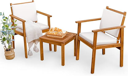 Greesum 3 Piece Bistro Patio Furniture Outdoor Chat Chair Set with Water Resistant Cushions and Coffee Table for Beach Backyard Garden, White