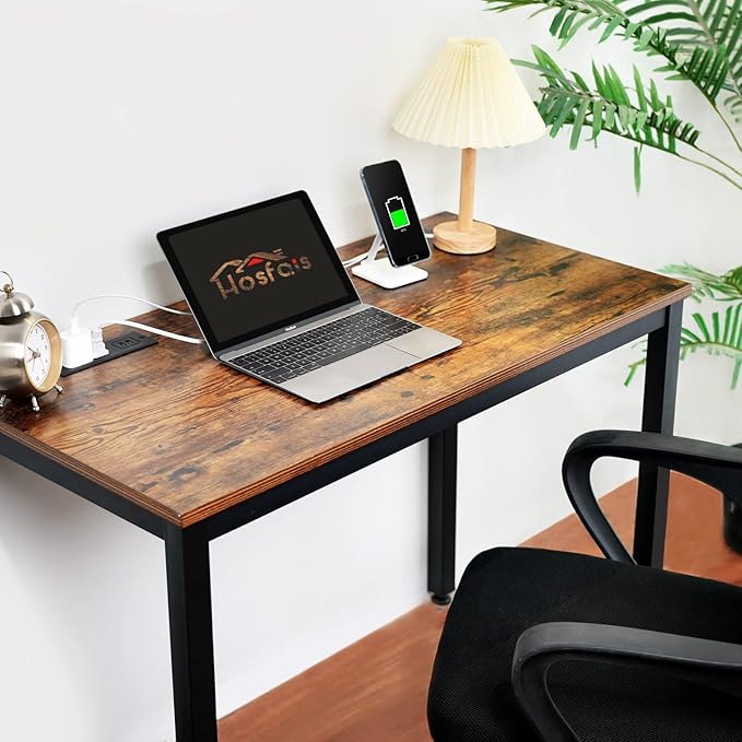 Computer Desk 40" with Power Strip, Office Writing Study, Small Computer Desks Easy Assembly Stable Metal Frame, Desk for Home Office Small Space Workbench Workstation, Rustic Brown