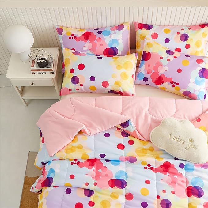 Rainbow Ombre Comforter Set Queen Size for Girls, Colorful Bubbles Polka Dots Comforter for Kids Teen, 3 Piece Orange Pink Purple Blue Gradient Pastel Bedding Set with 2 Pillow Case(Rainbow,Queen)