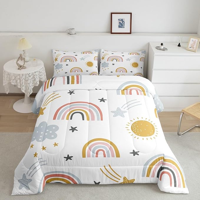 Rainbow Comforter Set for Girls, Sun and Stars Bedding Set King for Kids Boys Children Cartoon Cloud Bedding Comforters Girly Soft Microfiber Duvet Insert for Bedroom Decor, Rainbow Gifts For Kids