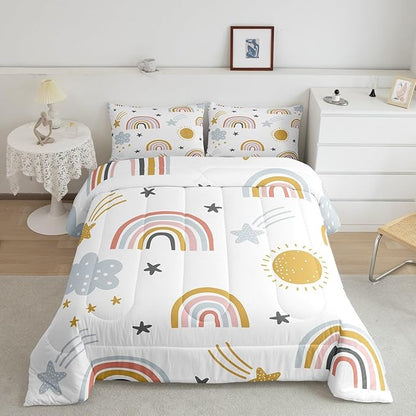 Rainbow Comforter Set for Girls, Sun and Stars Bedding Set King for Kids Boys Children Cartoon Cloud Bedding Comforters Girly Soft Microfiber Duvet Insert for Bedroom Decor, Rainbow Gifts For Kids