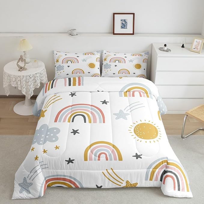 Erosebridal Girls Rainbow Bedding Set, Sun and Stars Comforter Set Queen Size for Kids Boys Children Cartoon Style Cloud Bedding Comforters Girly Soft Microfiber Duvet Insert for Bedroom Decor