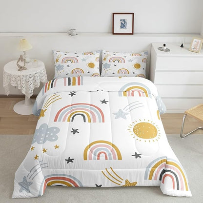 Erosebridal Girls Rainbow Bedding Set, Sun and Stars Comforter Set Full Size for Kids Boys Children Cartoon Style Cloud Bedding Comforters Girly Soft Microfiber Duvet Insert for Bedroom Decor