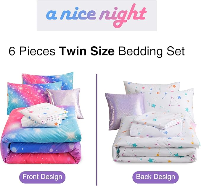 A Nice Night 6Pcs Gradient Glitter Bedding Set for Girls, Colorful Rainbow Galaxy Comforter Set, Ultra Soft Bedding Sets (Pink-Blue,Twin 6Pcs)
