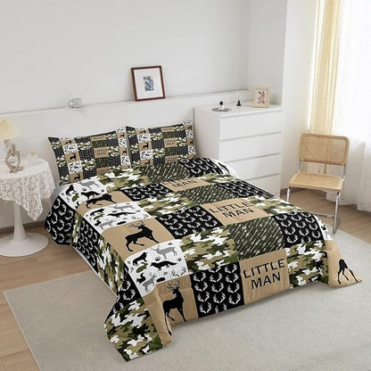 Manfei Deer Antlers Animals Silhouette Comforter Set Full,Camo Geometric Checks Bedding Set 3pcs for Kids Adults Room Decor,Nordic Boho Arrow Quilt Set,Vintage Green Duvet Insert with 2 Pillowcases
