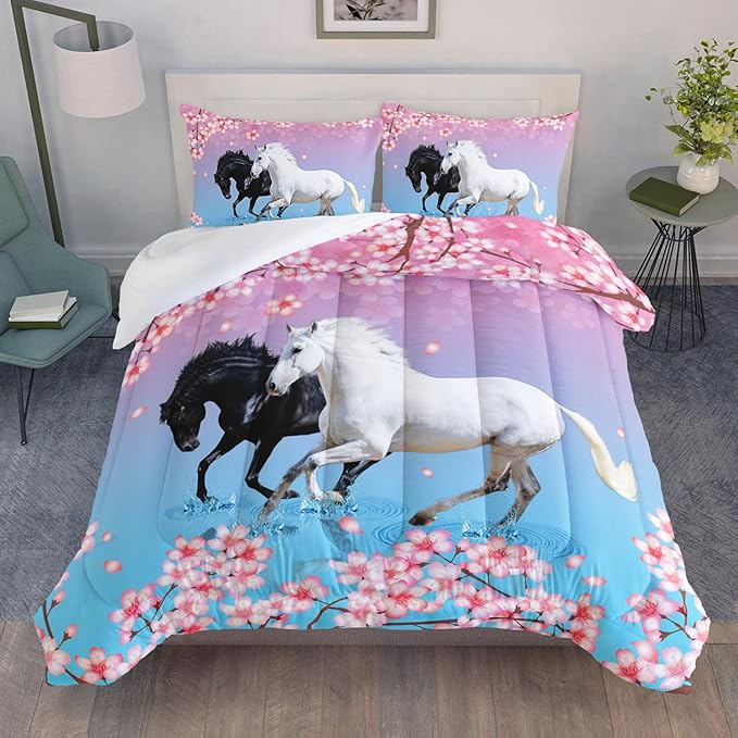 Kid Horse Comforter Set Room Floral Animal Theme Handsome Horse Chic Cherry Blossom Bedding Set 3D Wild Animal Decor Quilt Set for Girls Adult, 1 Comforter + 2 Pillowcases