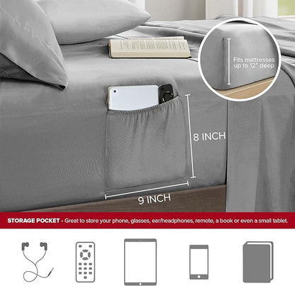 Comfort Spaces Twin Comforter Sets with Sheets - Bed in a Bag 6 Pieces Teen Bedding Sets Twin, Red and Grey Stripes Bedding Twin, College Twin Bed Set with 2 Side Pockets Bedroom Organizer