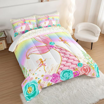 HOSIMA Mermaid Comforter with 2 Pillowcases,Girly Rainbow Bedding Set Glitter Pink Mermaid Tail Twin Comforter Set,Flower Fairies Rose Gold Comforter Set,Floral Comforter for Girls Teens Bedroom.