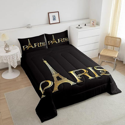 Erosebridal Eiffel Tower Comforter Set, City Building of Paris Bedding Set King Size, Gold Black Duvet Sets for Kids Boys Girls Teens Bedroom, Soft Microfiber Bedding Comforters with 2 Pillow Cases