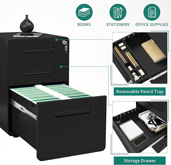 YITAHOME 3-Drawer Metal Mobile File Cabinet, Rolling Filing Cabinet with Lock, Filing Cabinet Under Desk fits Legal/A4 Size for Home/Office, Fully Assembled,Black