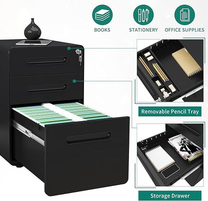 YITAHOME 3-Drawer Metal Mobile File Cabinet, Rolling Filing Cabinet with Lock, Filing Cabinet Under Desk fits Legal/A4 Size for Home/Office, Fully Assembled,Black