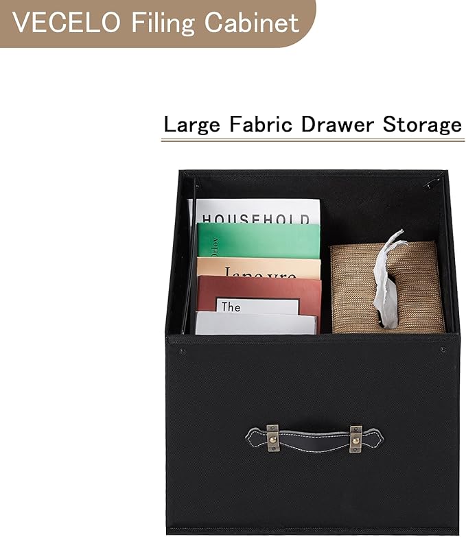 VECELO Mobile Lateral File Cabinet Rolling Printer Stand with 3 Open Storage Shelf, Ideal for Letter Size Folders, with Lockable Casters, Strong Steel Frame, Perfect for Office, 2 Drawer, Brown+Black