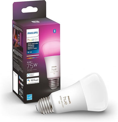 Philips Hue Smart 100W A21 LED Bulb - White Ambiance Warm-to-Cool White Light - 1 Pack - 1600LM & Smart 75W A19 LED Bulb - White and Color Ambiance Color-Changing Light - 1 Pack