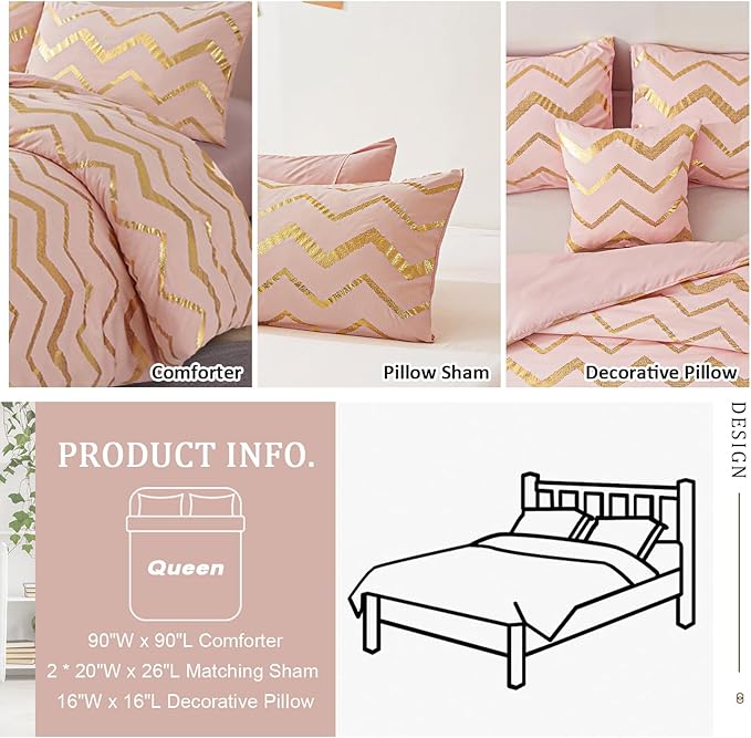 Pink Comforter Set Queen Size, Metallic Blush and Rose Gold Bedding Set, 4 Piece Lightweight Microfiber Bed Set for Teen Girls Women (2 Pillow Shams + 1 Decorative Pillow Sham)