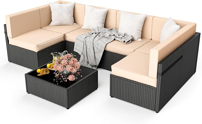 Pamapic Outdoor Rattan Sectional Sofa Conversation Set,7 Pieces Patio Furniture with Tea Table and Washable Cushions, Cream