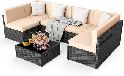 Pamapic Outdoor Rattan Sectional Sofa Conversation Set,7 Pieces Patio Furniture with Tea Table and Washable Cushions, Cream