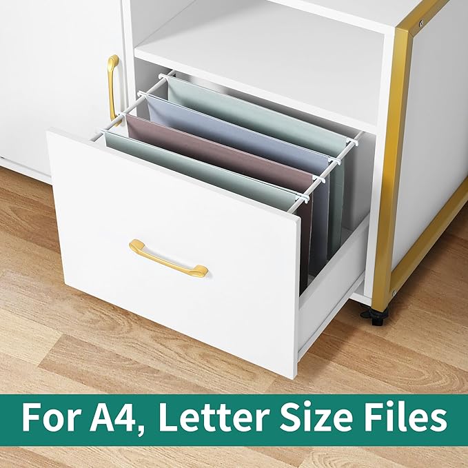 YITAHOME Wood File Cabinet with Charging Station, Rolling Filing Cabinet Cart with Door, Industrial Nightstand with Printer Shelf for Home Office, Bedroom, Living Room, Entryway, Gold and White