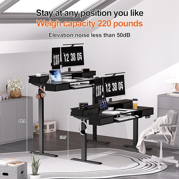Electric Standing Desk, 55 Inches Height Adjustable Desk with Monitor Shelf, Large Sit Stand Desk with Drawers, Smart Home Office Computer Desk, Classic Black