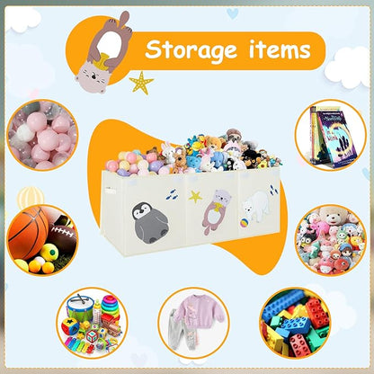 Large Toy Box Storage Chest,Sturdy Toys Storage Organizer Bin Basket with Dividers and Lids for Toddlers,Boys,Girls,Nursery,Closet,Living Room Area,Playroom(Beige Animals)