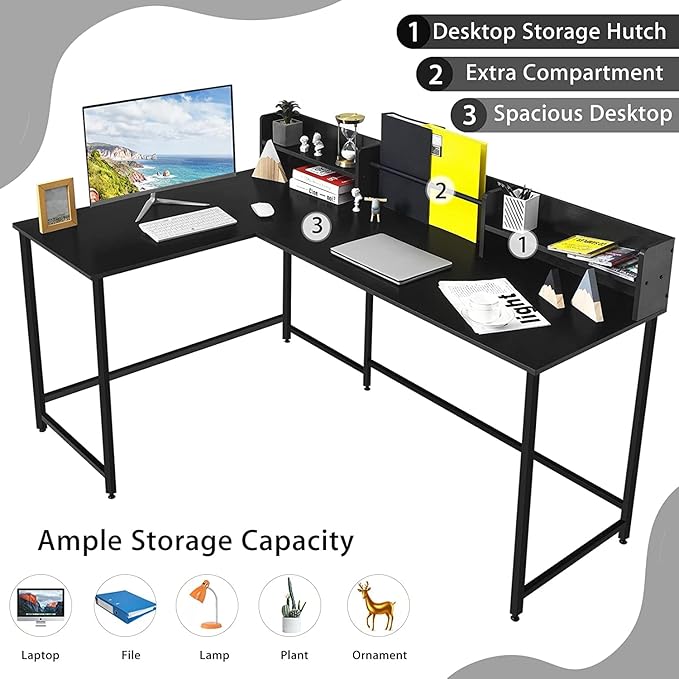 LUARANE 65.5 Inches L-Shaped Desk, Industrial Computer Desk with Hutch File Rack, Space Saving Corner Desk with Metal Frame, Computer Workstation for Home Office (Black)