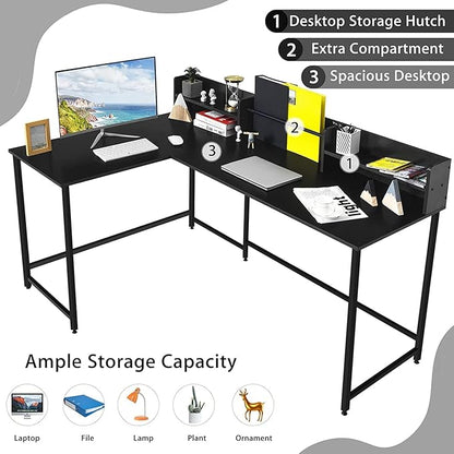LUARANE 65.5 Inches L-Shaped Desk, Industrial Computer Desk with Hutch File Rack, Space Saving Corner Desk with Metal Frame, Computer Workstation for Home Office (Black)