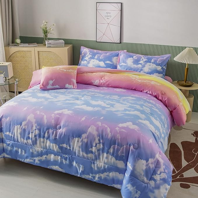 PERFEMET White Cloud Print Girls Comforter Set Queen Size 6 Pieces Teen Girl Tie Dye Bedding Set Colorful Rainbow Bed in A Bag Comforter Set with Sheets