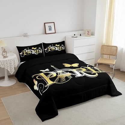 Eiffel Tower Comforter Chic Paris Theme Bedding Set for Kids Boys Girls Butterfly Paris Cityscape Printed Comforter Set Modern French Style Duvet Set Golden Black Bedroom Decor Quilt Set Queen Size