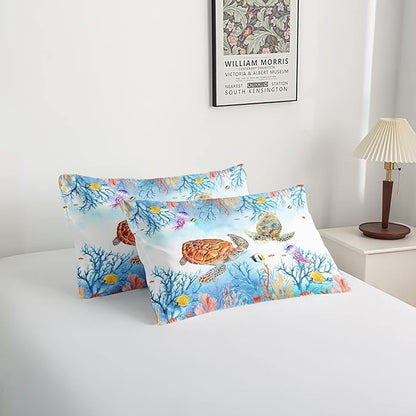 CVHOUSE Sea Turtle Comforter Set,Ocean Watercolor Sea Turtle Bedding Set for Kids Teens,Ocean Sea Turtle Comforter Sea Turtle Duvet Set Room Decor Quilt Set Queen Size