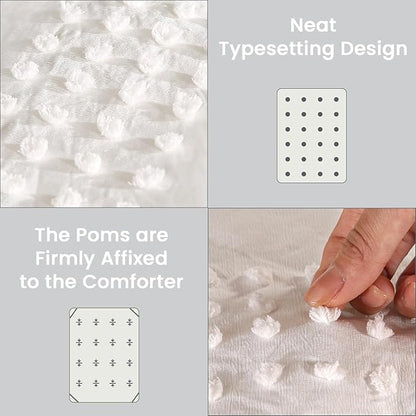 ENJOHOS Girls Queen Comforter Bedding Set White, 3 PCS Boho Comforter with Tufted Dots, Shabby Chic Bedding Comforter for All Season, Lightweight Fluffy Microfiber Comforter with 2 Pillowcases