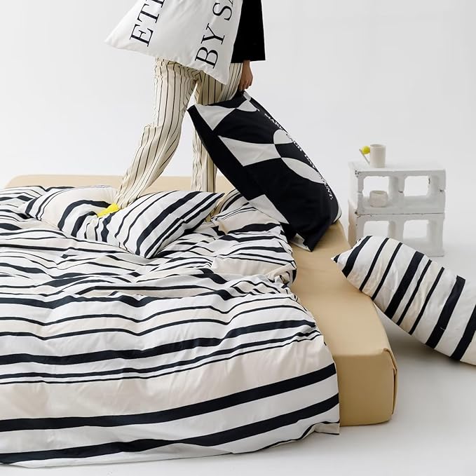 Striped Comforter Set Full Black and White Comforter Men Women Modern Chic Stripes Bed Comforters Beige Black Striped Full Ticking Bedding Comforter Set All Season Hotel Quality Bed Set
