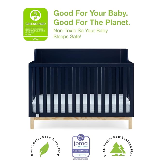babyGap by Delta Children Oxford 6-in-1 Convertible Crib TrueSleep 2-Stage Deluxe Crib and Toddler Mattress (Bundle), Navy/Natural