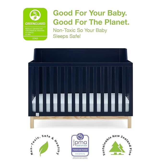 Delta Children babyGap Oxford 6-in-1 Convertible Crib + Brannan Bear Bookcase with Bins + Brannan Bear Wall Shelf with 4 Hooks, Navy/Natural (Bundle)