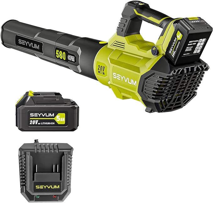 SEYVUM 580CFM MAX Leaf Blower Cordless with 5.0 Battery & Fast Charger, 3-Speed Dial 20V Electric Leaf Blower for Lawn Care, Battery Powered Leaf Blower Lightweight for Patio, Yard, Snow
