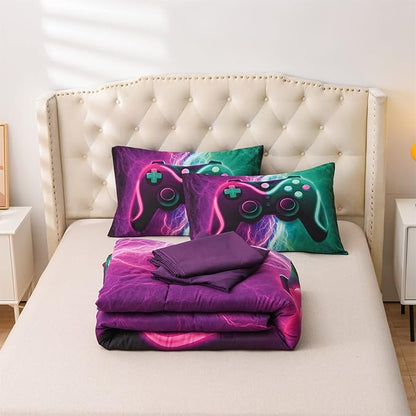 Meeting Story Gamer Gaming Bedding Sets Black Pink Lightnings Gamepad Comforter Set for Boys Games Console Action Buttons Novelty Colorful Modern Room Decor Home Quilt Set (Green-Purple, Twin 5Pcs)