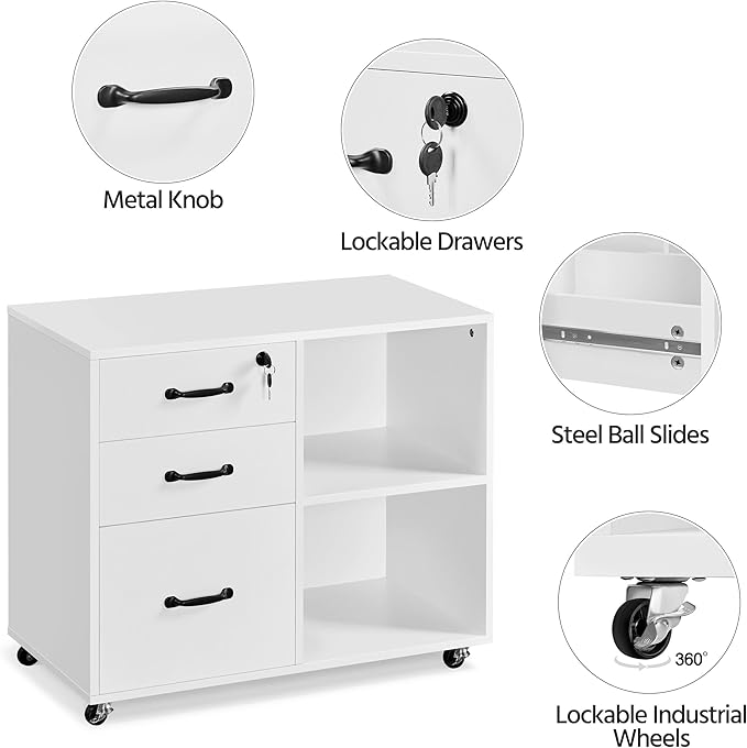 Yaheetech File Cabinet Mobile Letter Size File Organization Unit Mobile Lateral Filing Cabinet Printer Stand for Home and Office,White