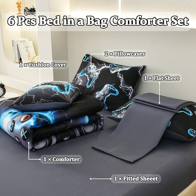 Game Console Twin Comforter Set with Sheets, Microfiber 6 Pcs Bed in A Bag Twin Size Gamer Bedding Set for Boys Kids Teens