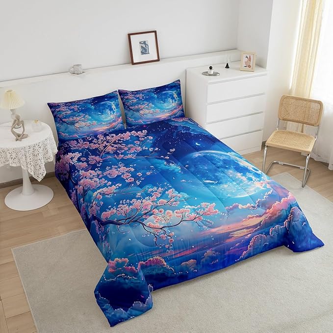 Manfei Cherry Blossoms Comforter Set Queen Size,Moonnight Cloud Starry Sky Bedding Set,Girls Women Room Decor,Sakura Flowers Chinese Style Down Comforter,Pink Blue Romantic Duvet Insert,2 Pillowcases