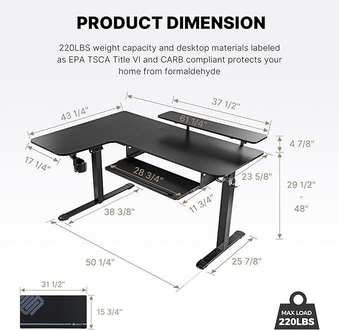 EUREKA ERGONOMIC Standing Desk (61"x43")- L Shaped Desk with Keyboard Tray Adjustable Height Sit Stand Computer Desk Corner Gaming Ergo Desk w Memory Presets, Monitor Stand, LED/USB/Dual Motor, Left