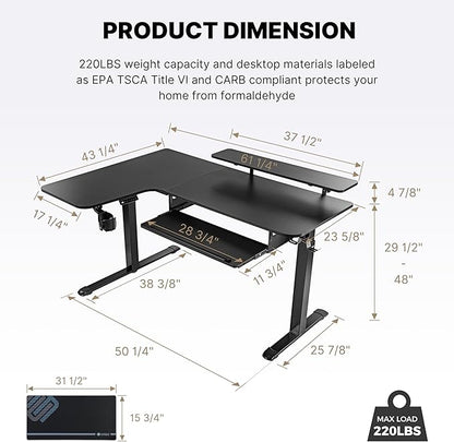 EUREKA ERGONOMIC Standing Desk (61"x43")- L Shaped Desk with Keyboard Tray Adjustable Height Sit Stand Computer Desk Corner Gaming Ergo Desk w Memory Presets, Monitor Stand, LED/USB/Dual Motor, Left