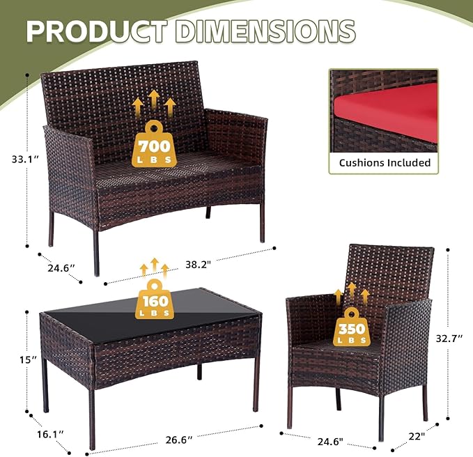 Patio Furniture Set 4 Pieces Conversation Sets Outdoor Wicker Rattan Chairs Garden Backyard Balcony Porch Poolside Loveseat with Soft Cushion and Tempered Glass Table(Brown/Red)