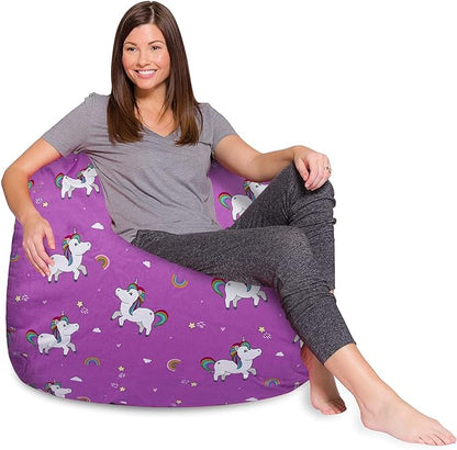 Posh Creations Bean Bag Chair for Kids, Teens, and Adults Includes Removable and Machine Washable Cover, 48in - X-Large, Canvas Unicorn and Rainbows on Purple