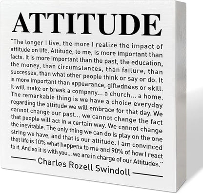 Home Office Desk Wooden Box Sign Decor, We Are in Charge of Our Attitudes, Inspirational Book Quotes Desk Decor Motivational Desk Decorations for Women Men Student Office Classroom School