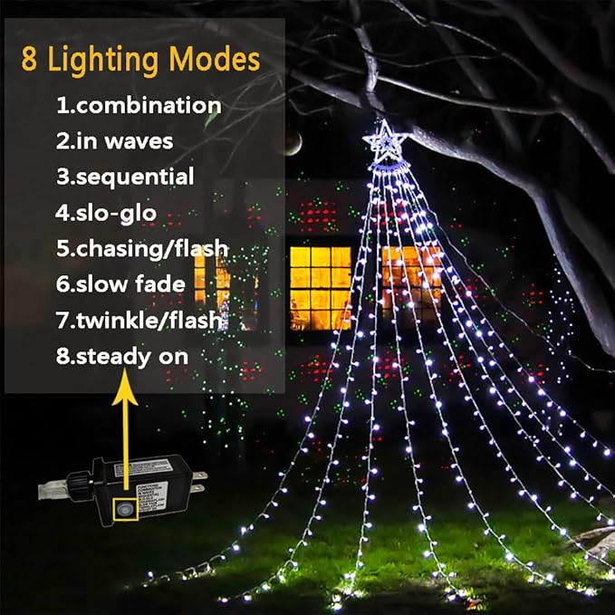 Aokudoni Christmas Decorations Outside, 12.6FT 350 LED 8 Modes Star Christmas Lights Outdoor, Christmas Lights for House Yard Porch Holiday Decoration, Cool White